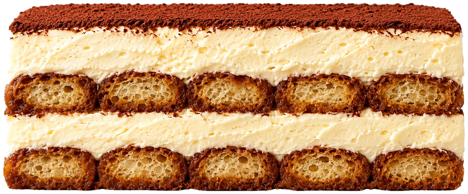 Una fetta di tiramisù vista di lato: cacao, crema e savoiardi a strati